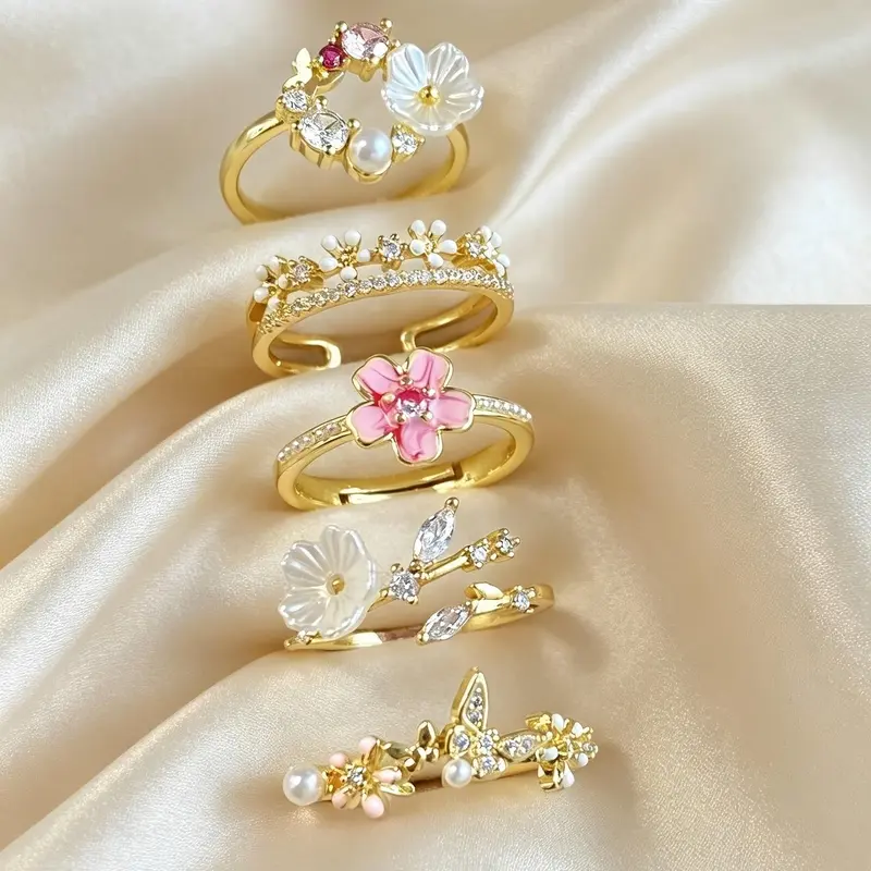 5pcs Elegant Floral, Geometric, Butterfly Design Rings, Cubic Zirconia & Faux Pearl, Adjustable Open Rings for Women, Spring/summer Fashion, Elegant Ring Set(No Gift Box)