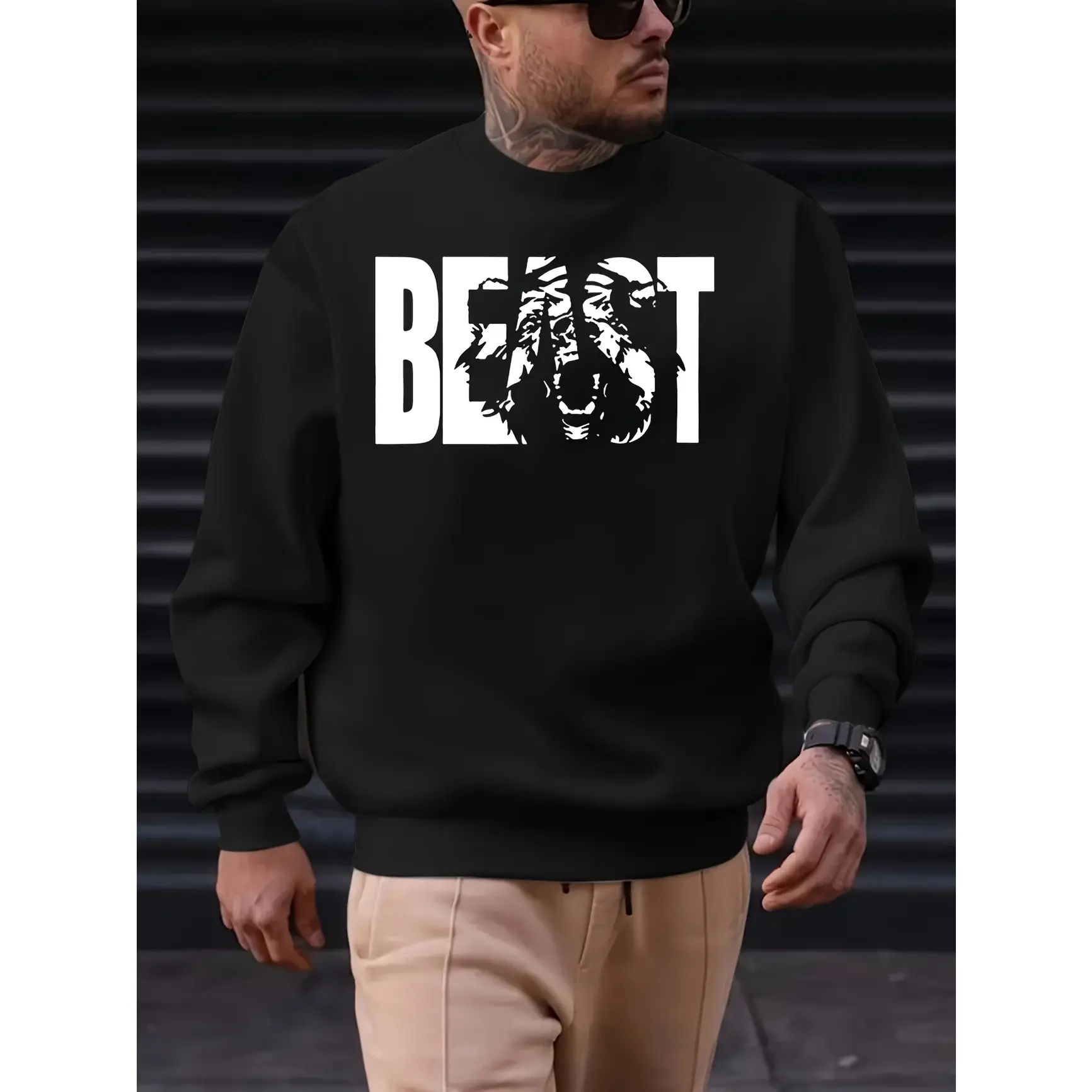 BEAST Tiger Silhouette Graphic Cotton Sweatshirt, Comfort Oversized Fashion Outfit, Cool Streetwear Holiday Gift for Him Her Family Friends