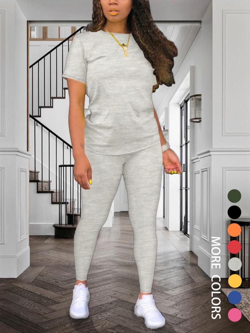 Women's Solid Color Round Neck Tee & Leggings Set, Summer Clothes, Short Sleeve T-shirt & Skinny Pants, Summer Clothes for Daily Wear
