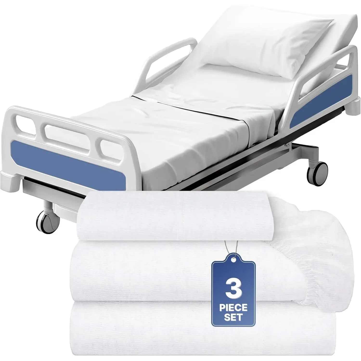 3 Piece Hospital Bed Sheet Set, Soft Jersey Knitted T-Shirt Quality, 1 Flat, 1 Fitted, 1 Pillowcase