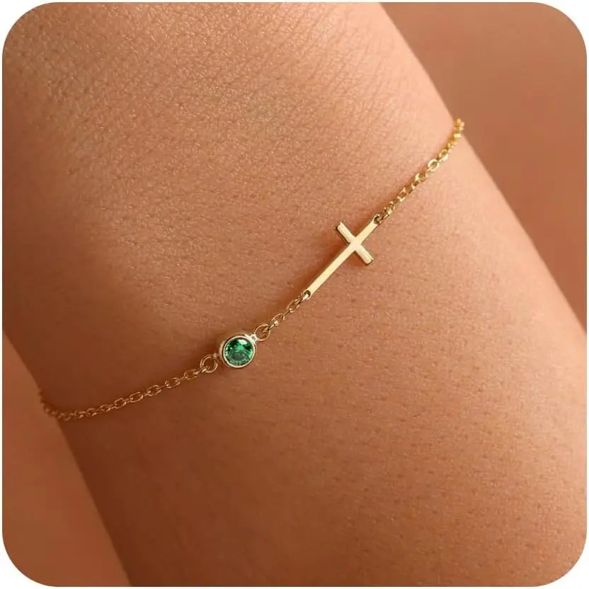 Birthstone Gold Bracelets for Women Non Tarnish Trendy Dainty Charm Cross Bracelet Stack Friendship Bracelets Gold Jewelry