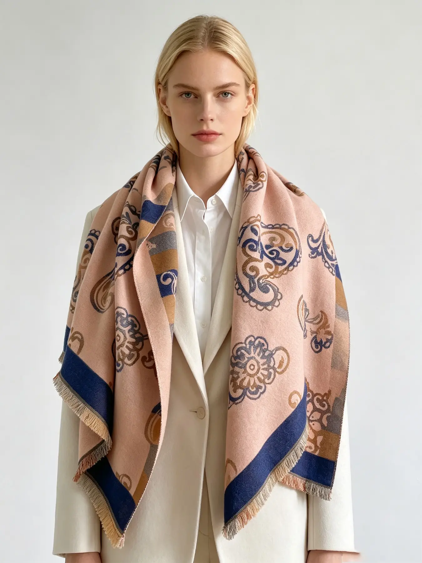 Soft Cashmere Feel Reversible Blanket Scarf, Cream Base Retro Paisley Shawl, Warm Oversized Winter Scarf, Christmas Gift for Women