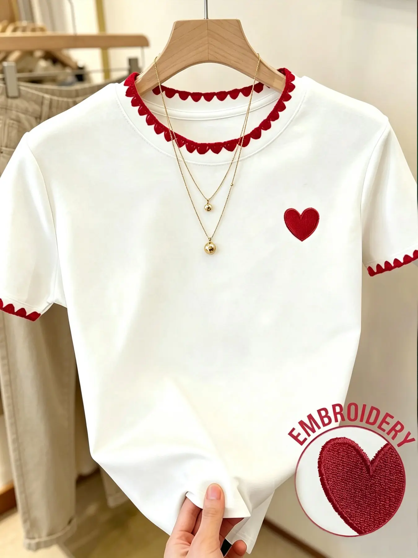 Women's Cute Summer Print T-Shirt, Short Sleeve, Round Neck, Heart and Checkered Embroidery, Casual Street Style, Perfect for Dates, New Design