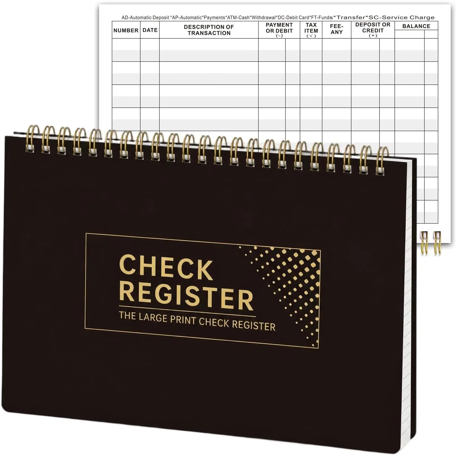 Check Registers for Personal Checkbook, Double Spiral Check Register Book, Budget Planner 5.7” x 8.4”– Golden Black