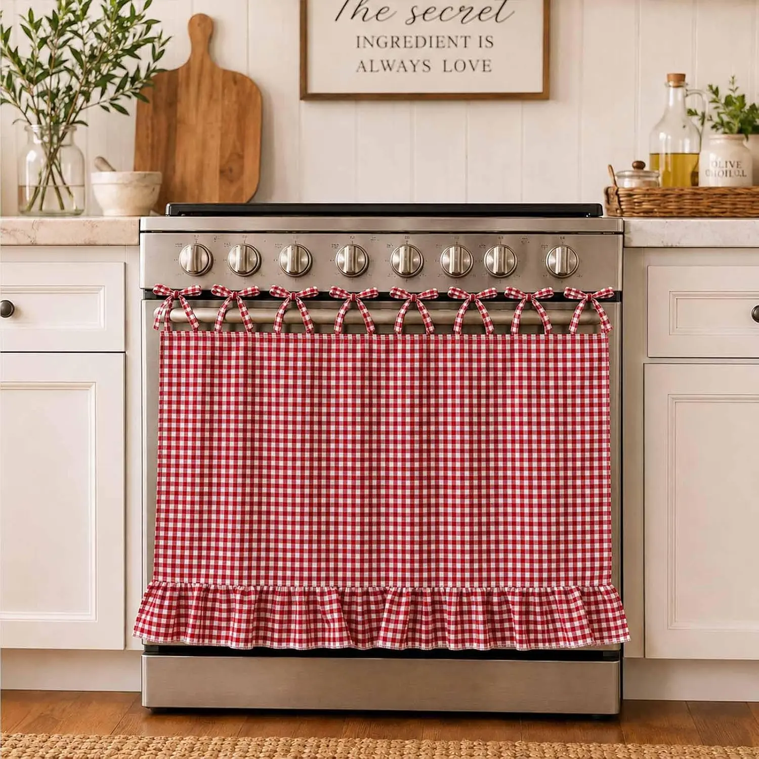 Tie Top Farmhouse Oven & Dishwasher Curtain |     Easy Install Decor Skirt Curtain for Hiding Kitchen Mess