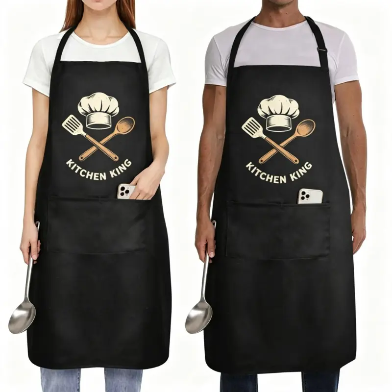 2 Pack Kitchen King Chef Hat Waterproof Aprons For Women Men, Adjustable Apron With Front Pocket, Custom Image Print Available, Vintage Cooking Graphic Work Apron for BBQ Cooking Painting Housework Unisex