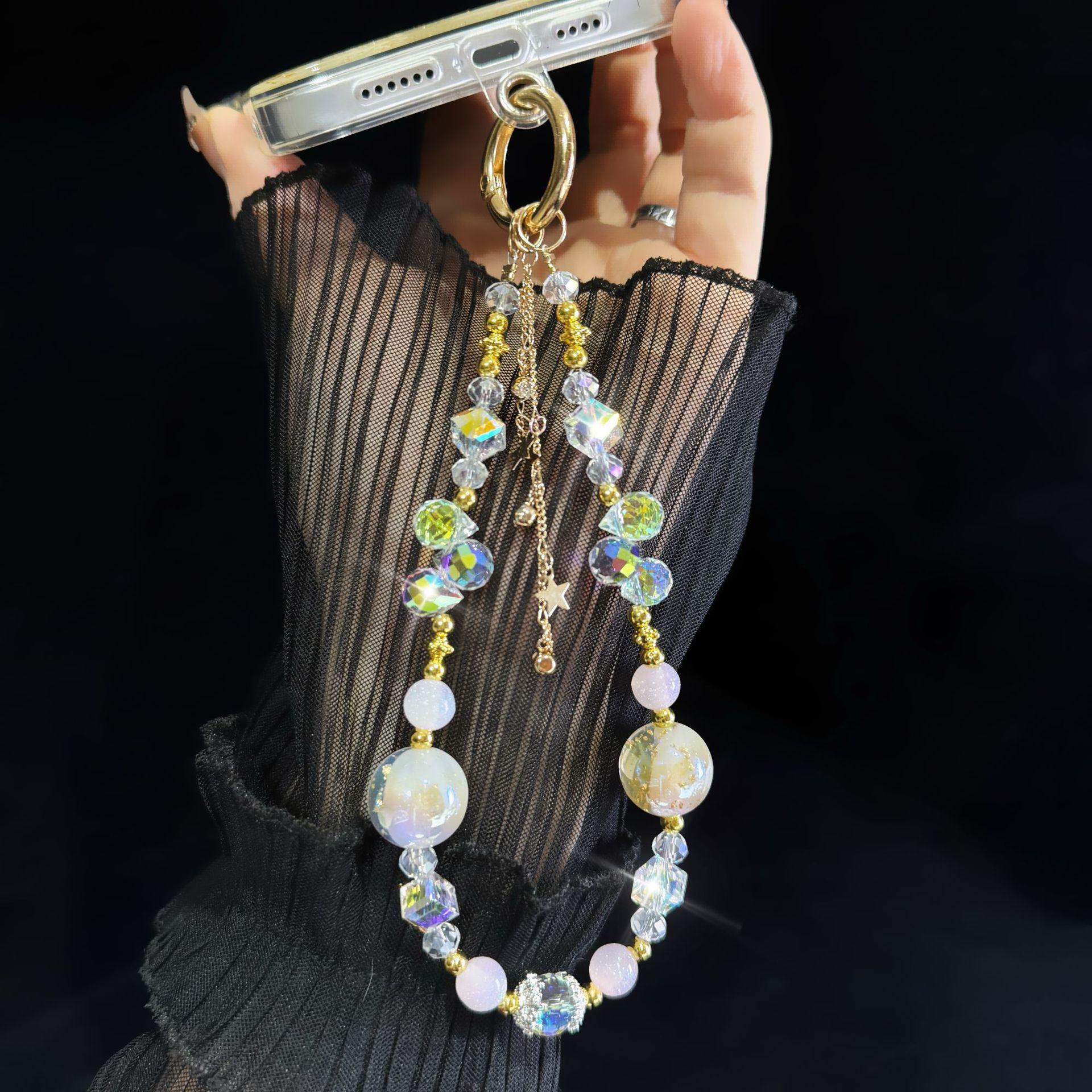For Light Luxury Crystal Mobile Phone Chain Beaded Short Wrist Chain Fashion Butterfly Pendant Gold Leaf Hand-Made Lanyard
