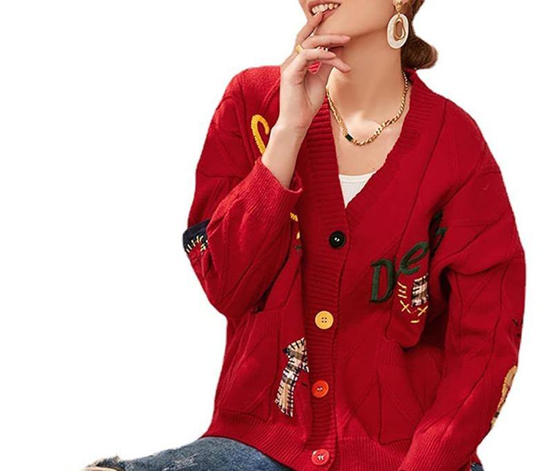 Womens Open Front Cardigan Cable Knit Long Sleeve Button Down Embroidery Cardigan Sweaters