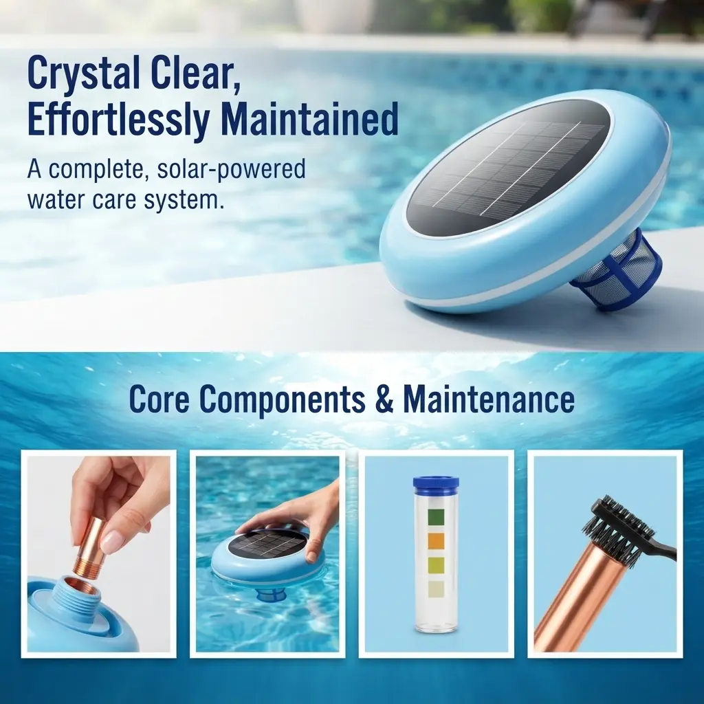 [Brand] Solar‑Powered Floating Pool Ionizer, Copper Ionization Water Care System for Pools Up to 45,000 Gallons, Reduces Chlorine Use by Up to 85%, Smart Replaceable Anode for Above‑Ground & In‑Ground Swimming Pools