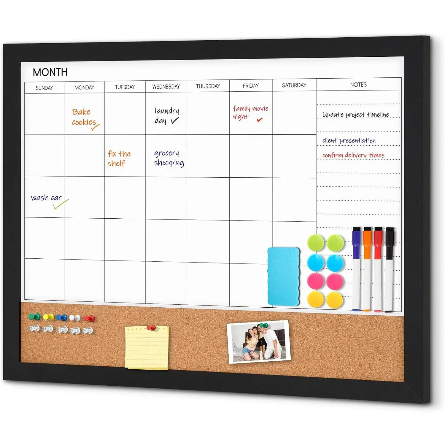 Dry Erase Calendar Whiteboard for Wall,  24" X 18" Cork Monthly Calendar White Board Combo with Aesthetic  Framed,  Wall Mounted Large White Board for , School, Office