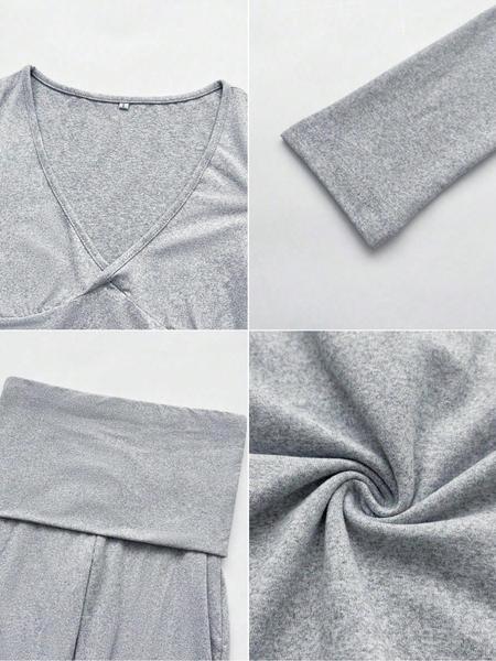 Slim-Fit Crop Top & Pants Two-Piece Set, Solid Color V-Neck Long Sleeve for Fall and Winter, Airport Outfit