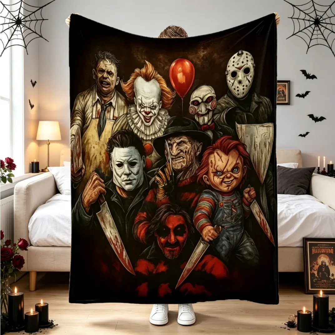 Horror Movie Characters Chucky Flannel Throw Blanket, Soft All-Season Halloween Horror Graphic Blanket, Modern Print Machine Washable Fleece Blanket for Couch Bed, Cozy Blanket for Adults & Kids, Ideal Gift for Horror Fans