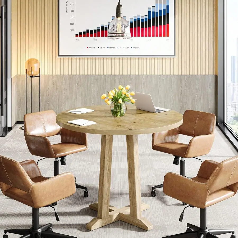 Small Conference Table For 2-4 People, 31.5" Round Office Meeting Table With Unique & Sturdy Pedestal, For Conference Room, Small Spaces, Natural Wood Color