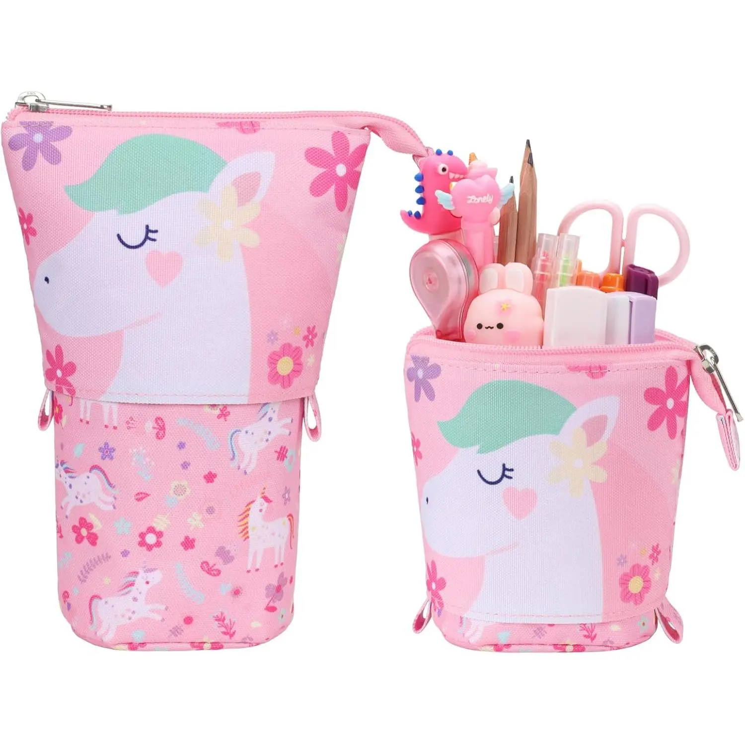 Standing Pencil Case Girls - Telescopic Pouch, Half  Unicorn | 900D Fabric Big Capacity Pencil Case for Girls with Widened Base, Four Inner Pockets as School Supplies  Style