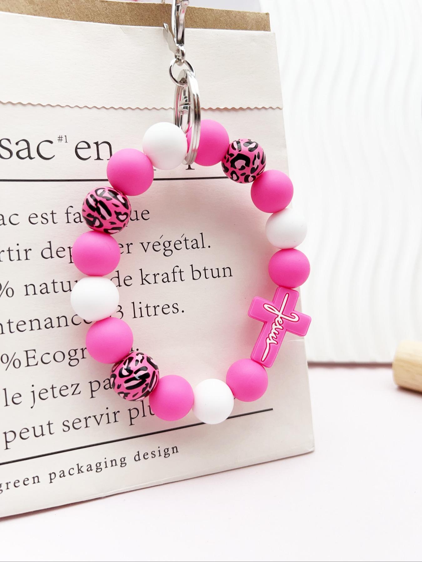 Leopard Wood Beads Keychain, Multi-colored Silicone Beads, Crossover Letters Bag Pendant, Car Key Pendant, Gift for Friends