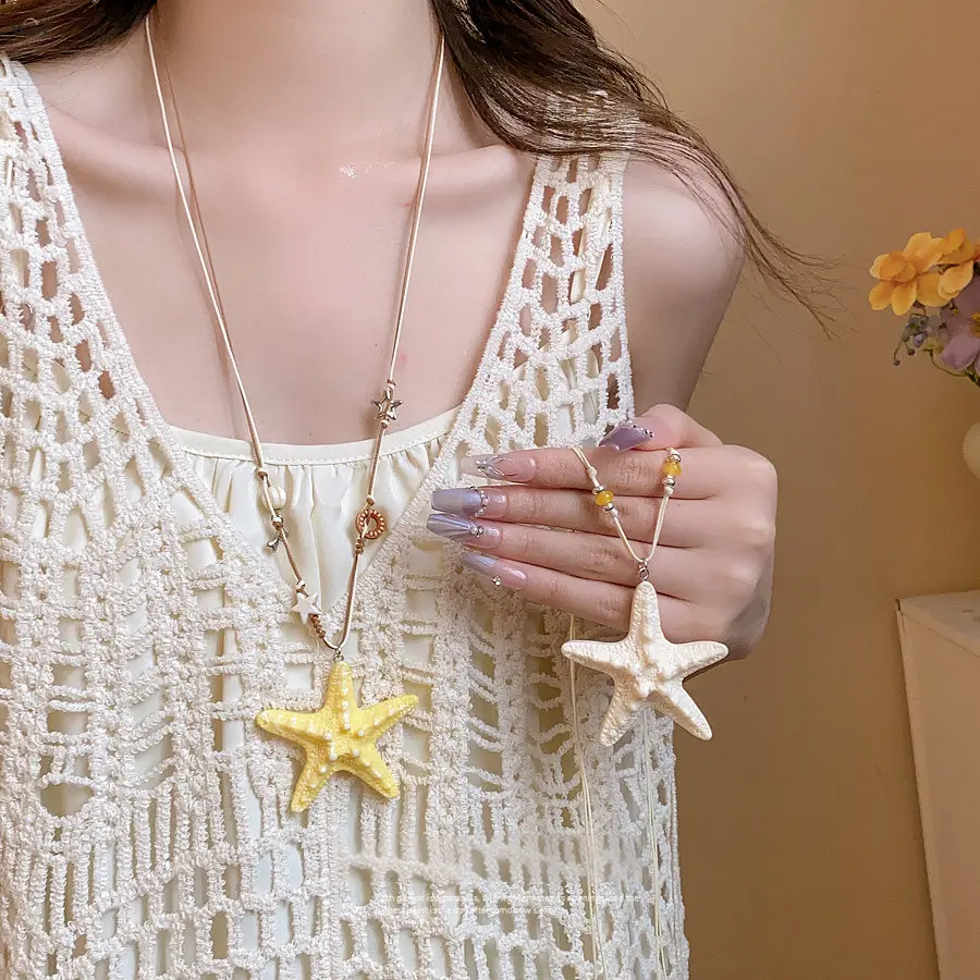 Dopamine Beaded Yellow Starfish Handmade Woven Necklace for Women, Long Autumn/Winter Vacation Light Luxury Style Sweater Chain
