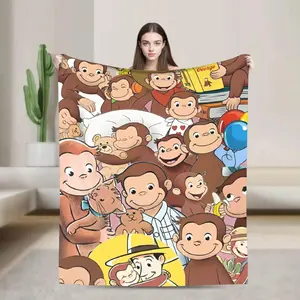 Cartoon Curious George Flannel Blanket, Soft Cozy Plush Throw Blanket for Kids Boys Girls Toddlers, Warm Sofa Couch Chair Bed Cover, Cute Monkey Decorative Bedspread, Bedroom Living Room Nap Blanket, Birthday Christmas Gift for Children Fans