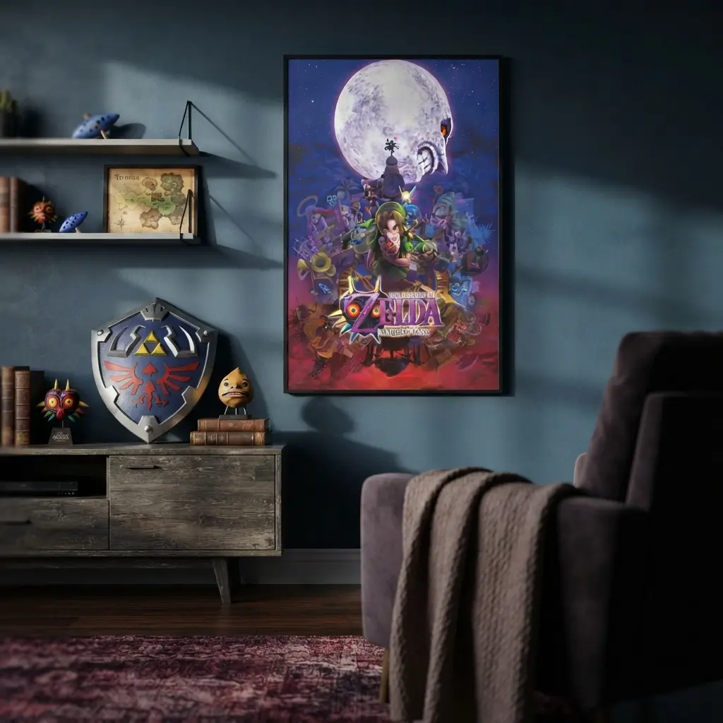 Masked Fantasy Hero Wall Art, Mystical Moon and Colorful Character Collage Adventure Poster for Gaming Room, Bedroom, Dorm or Entertainment Space Decor