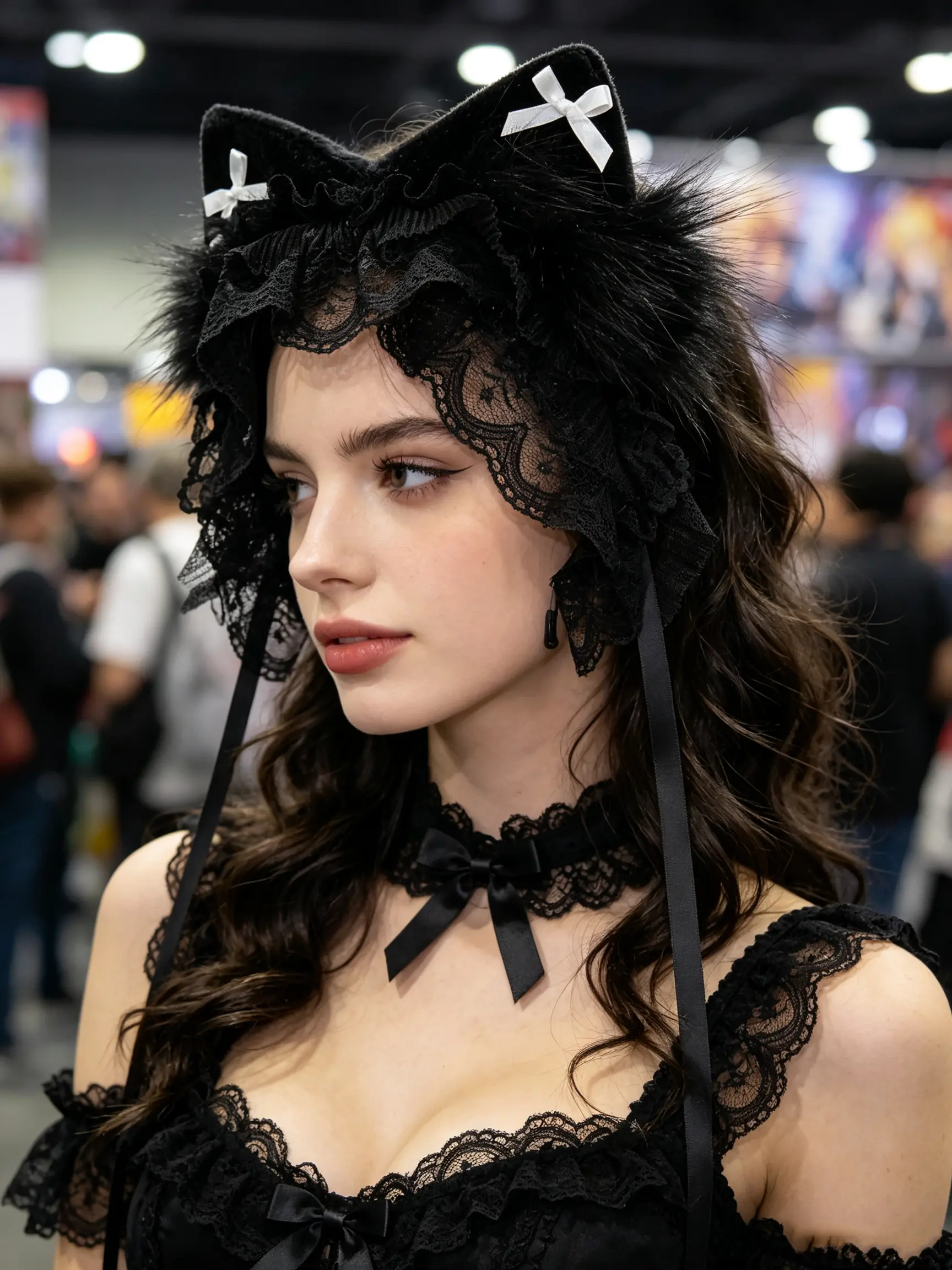 Handmade Kemonomimi Cat Ear Maid Headband - Professional Ear Maker Crafted, Removable Flush Faux Fur Lace Lightweight Goth Headdress, Gothic Lolita Role Play Costume Hair Accessory, Cosplays, Lace Trim, Cosplay Party