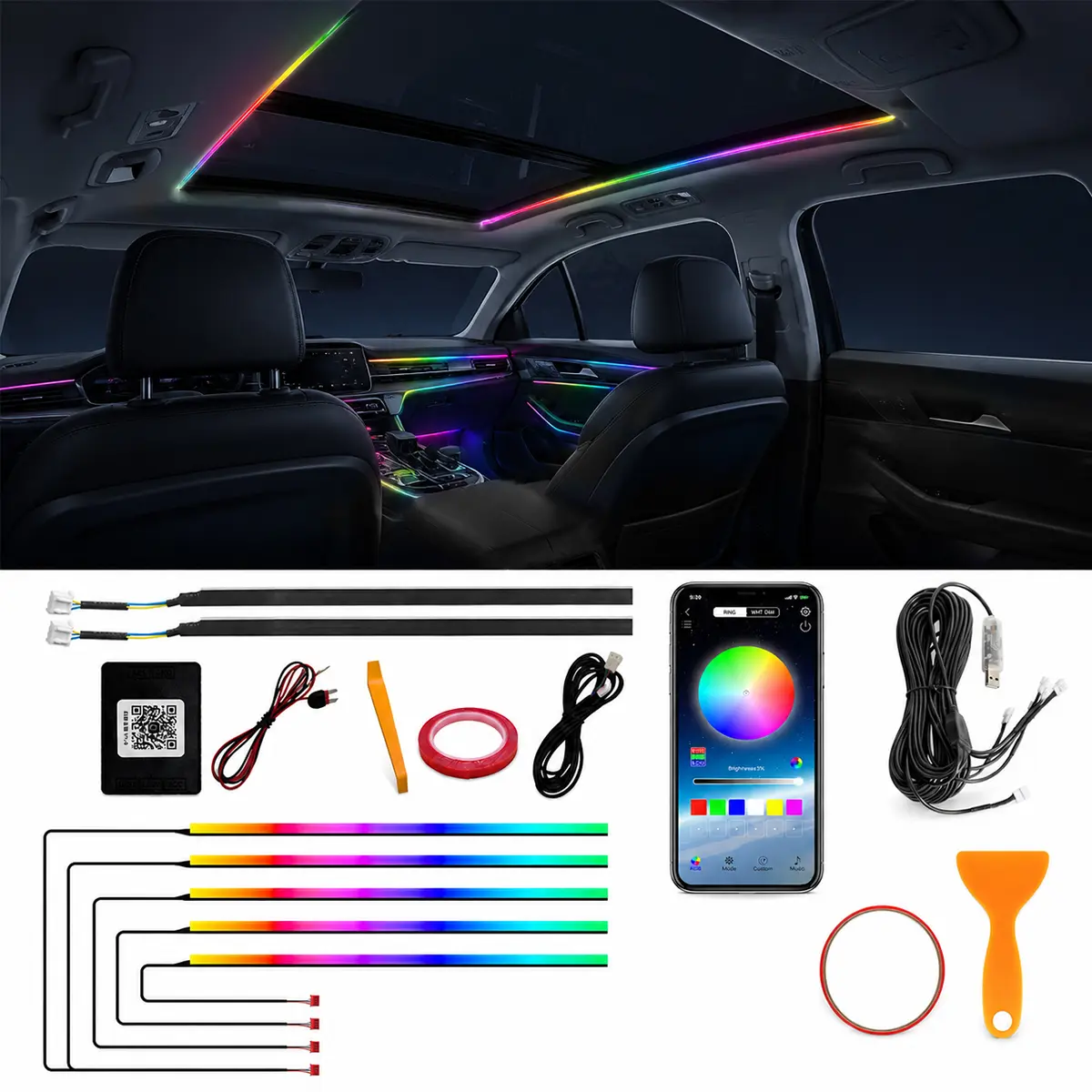 6 IN1 RGB Car Ambient Light & 2in1 Panoramic Sunroof LED Ambient Light, APP Control Dreamcolor Symphony Atmosphere Lamp Kit, Universal Car Interior Modification LED Light Strip