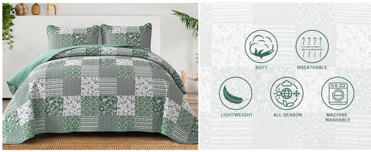 Green Set Twin Size, 2 Pieces Floral Bedspread Set Patchwork Reversible Bedding Set Microfiber Lightweight Bedspread Coverlet Set for All Season 68"x86"