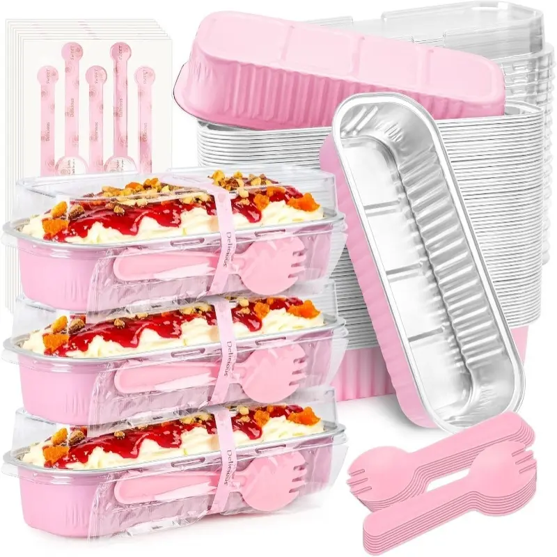 Set of 25 pieces(25 boxes +25 lids +25 spoons +25 stickers) Mini cake jar-pink mini bread jar with lid-aluminum foil mini cake container for baking, mini cheesecake, party dessert-personal cake cup with lid.