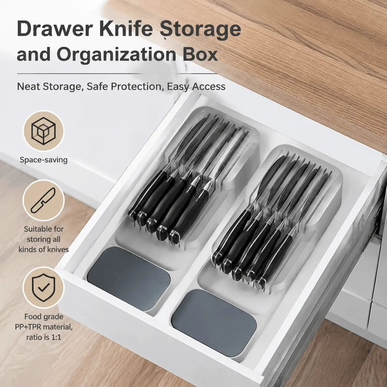 2-Pack Cutlery Organizer Drawer Knife Box, Dishwasher Safe Kitchen Knife Storage with Anti-Slip Design, Durable Multi-Scene Utensil Tray for Damp Protection & Edge Guard