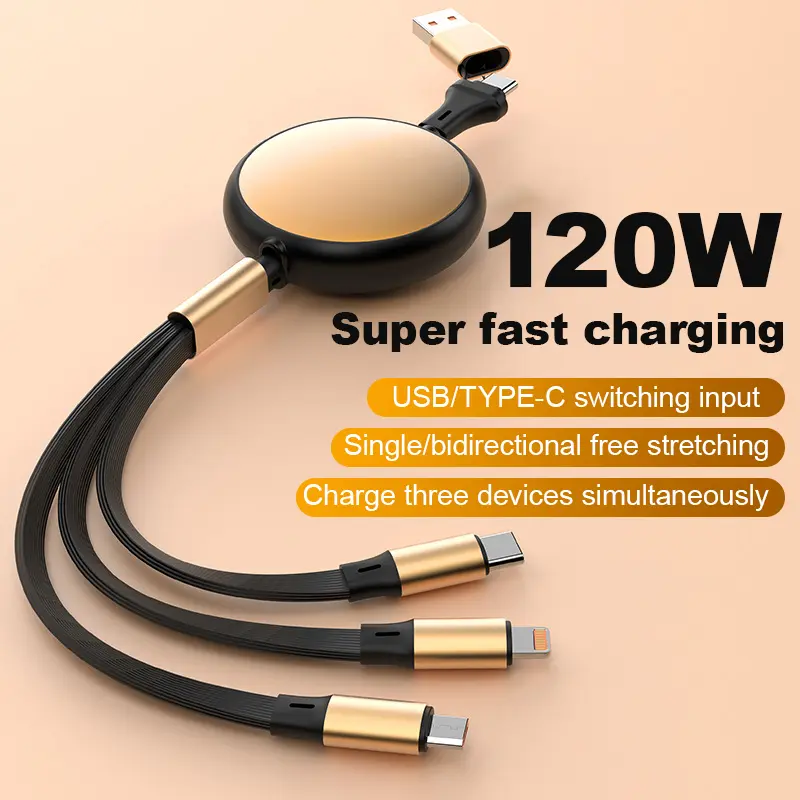 5A 120W Fast USB-C Data Cable, Retractable Micro USB Type-C Data Cable, Suitable for Mobile Phones and iPads, 3-in-1 Wireless Charging Accessory with Smart Automatic Stop, 1 Magnetic Stackable Professional Charger for Mobile Phones