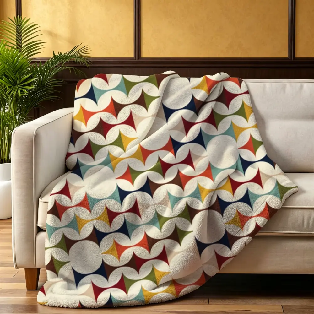 Retro-Modern (MCM) Geometric Pattern Lambswool Blanket - Cream-Teal-Mustard Yellow-Rust Red Blend, 30-39in, 40-56in, 50*40in Kids Size, Soft Sofa Upholstery, Watch Party/Movies & TV Essential, Ideal Gift for Friends, Any Occasion