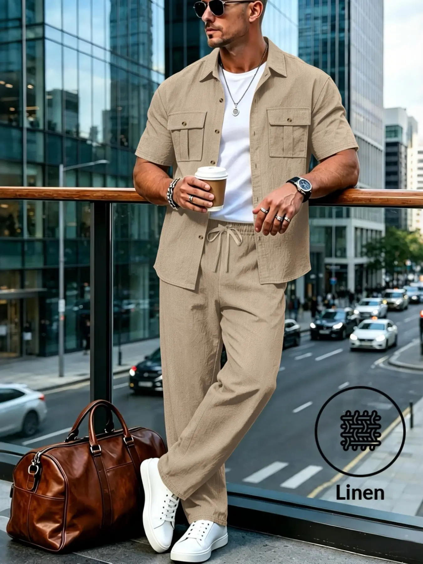 Men's Linen 2-Piece Set, Summer New Men's Multi-Pocket Casual Workwear Shirt Set, Loose Short Sleeve + Straight Leg Pants Two-Piece Set, Relaxed Fit, Style Set