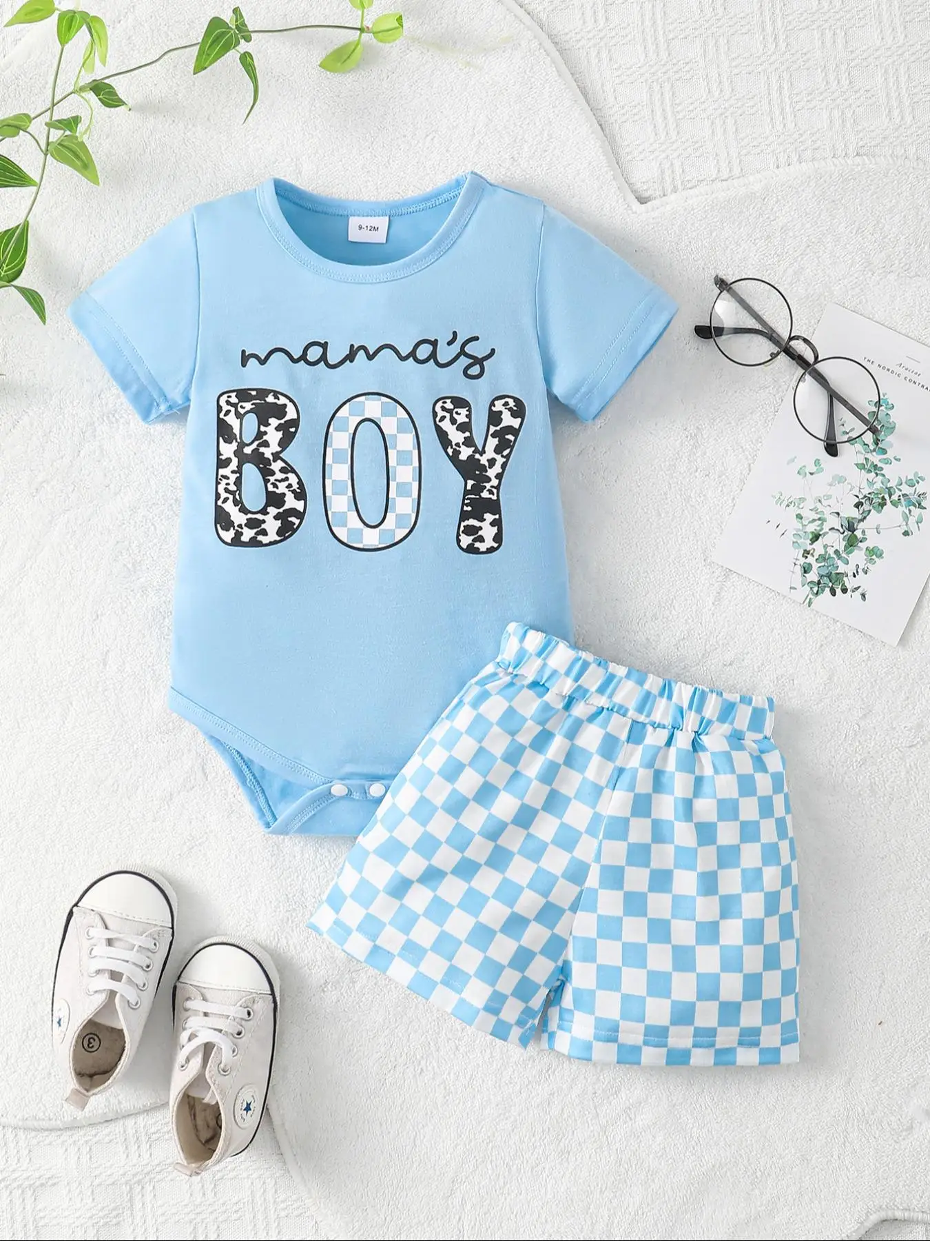 Baby Boy's Letter Print Short Sleeve Bodysuit & Checkerboard Print Shorts Set, Casual Summer Outfits Clothes for Infant, Newborn Baby Gifts