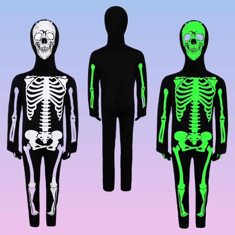 Luminous Skeleton Tight Jumpsuit Black Grim Reaper Robe Set Halloween Funny Cosplay Stage Performance Outfit