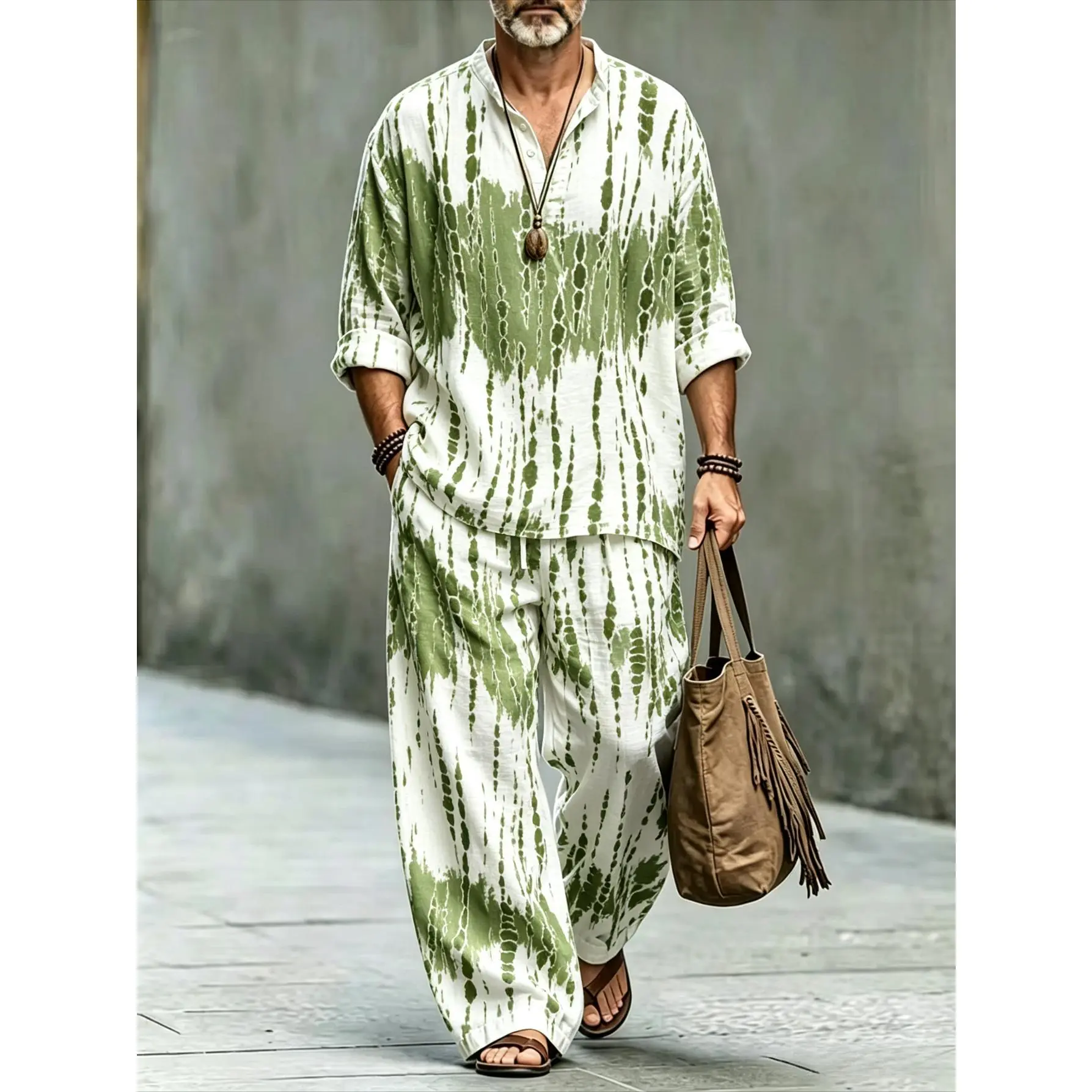 Men's White Green Tie Dye 2 Piece Outfit, Stand Collar Half Button Roll Sleeve Shirt & Wide Leg Pants Set, Bohemian Linen Vacation Matching Suit Clothes Menswear