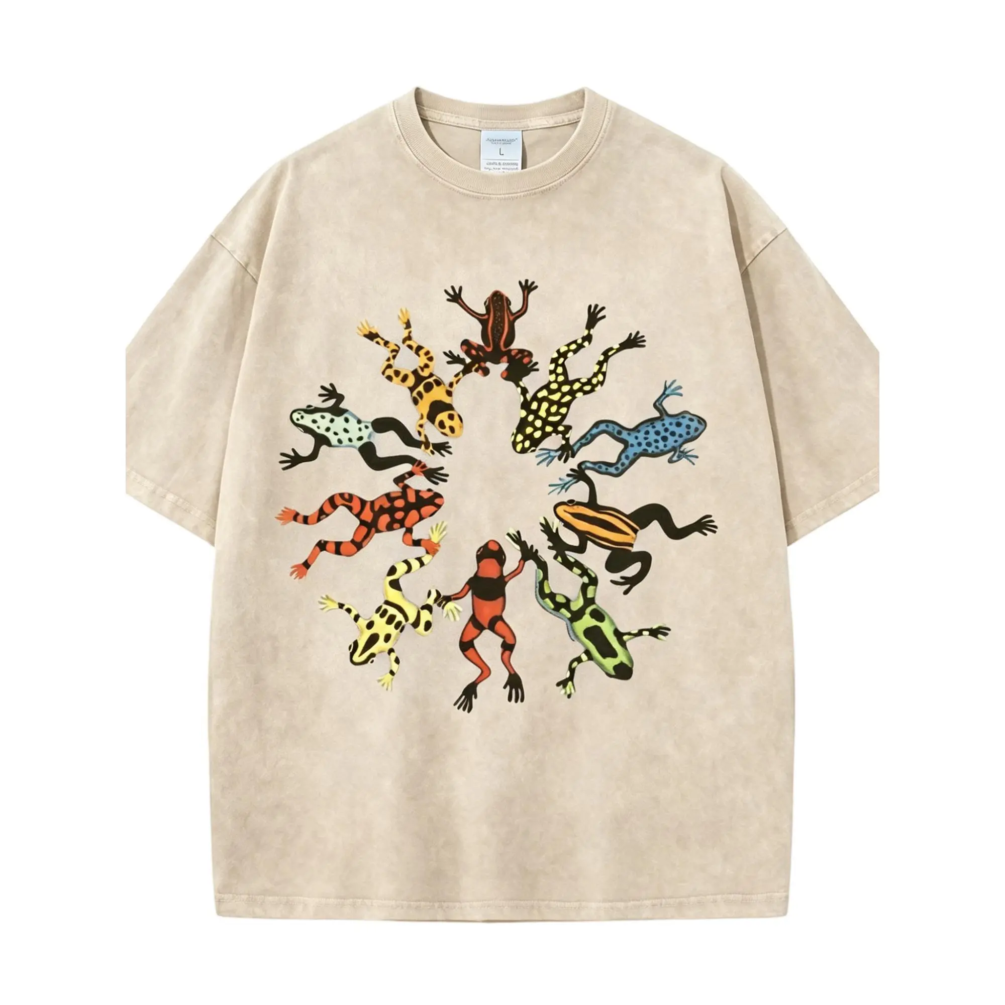 Unisex Vintage Washed Oversized Loose Short-Sleeve T-Shirt, 11-Color Poison Dart Frog Circle Graphic Top, Y2K Streetwear Animal Nature Casual Men's/Women's Tee Green Round Neck