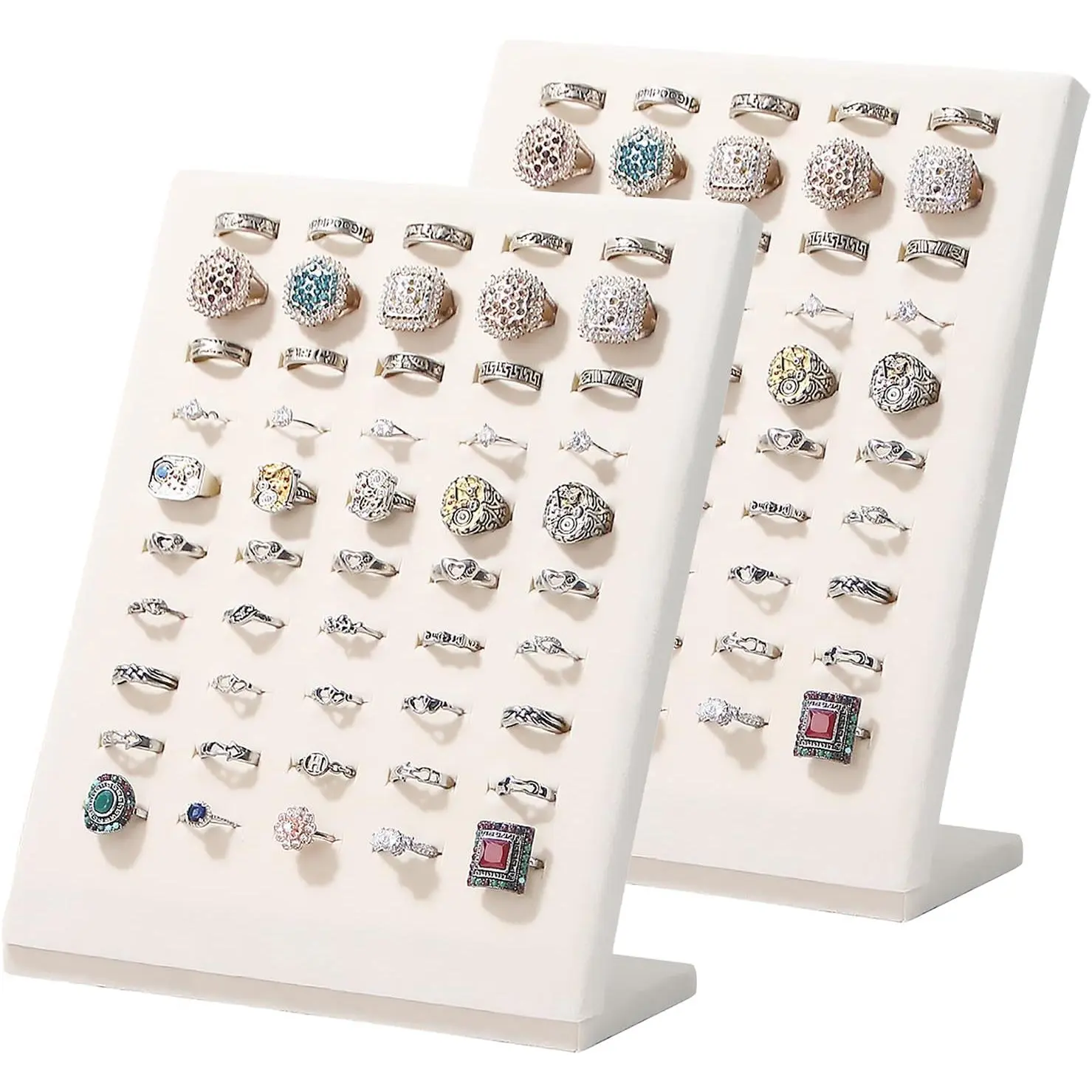 Ring Display Stand, Velvet Ring Holder, 50 Slots Rings Organizer Jewelry Display Tray, L-Shaped Jewelry Organizer Stand for Rings Earrings Selling (2, Beige)