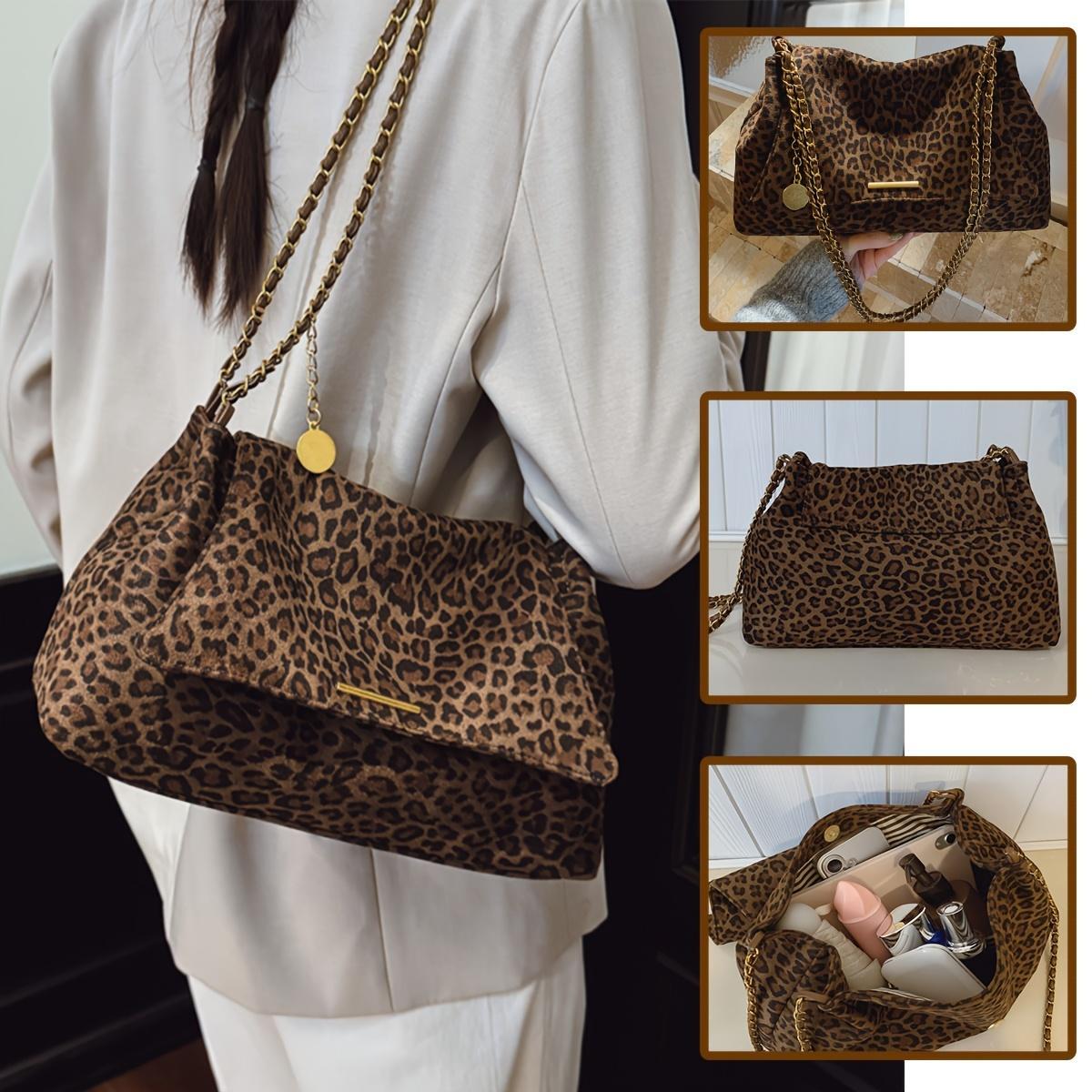 Women's Faux Suede Leopard Print Tote Bag, Large Capacity Chain Shoulder Bag with Phone Pouch, Coin Purse & Cosmetic Bag for Daily Commute