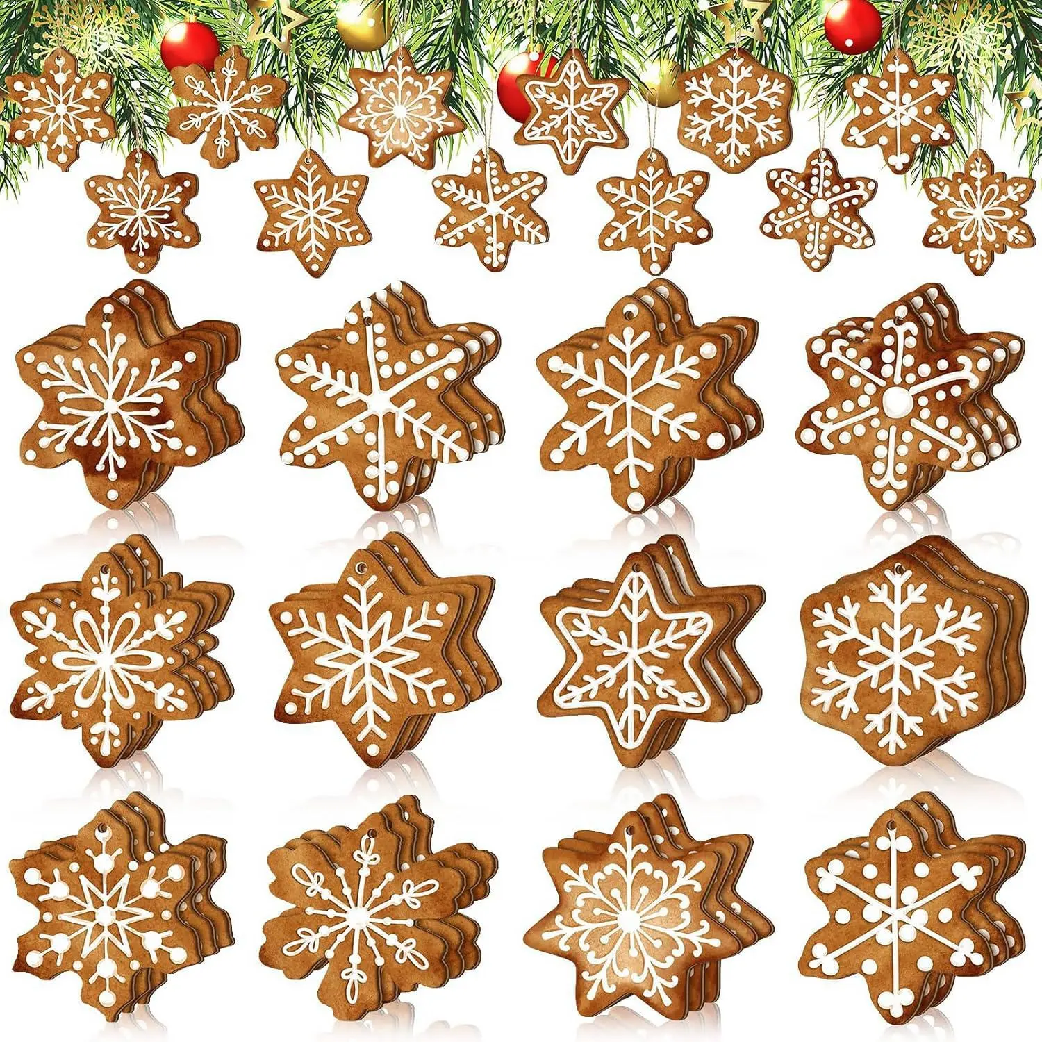 12 count Christmas  Ornament Gingerbread Wooden  Ornaments with Rich White Snowflake Shapes Decoration Design Xmas Gingerbread Snow Tree Decorations for Winter Holiday Party  Decor
