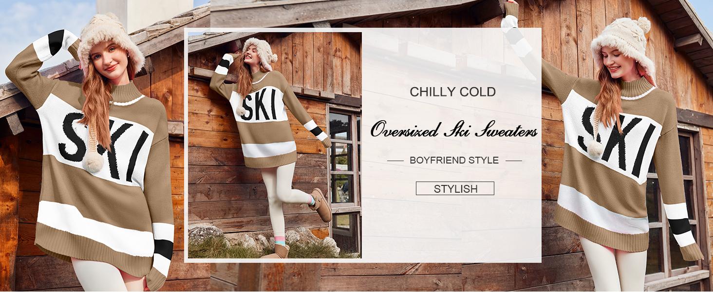 Yousify Womens Sweaters Fall 2024 Oversized Color Block Ski Sweater Crewneck Winter Tops S-2XL