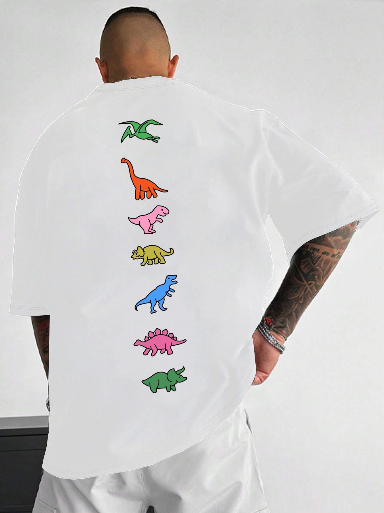 Unisex Men's Dinosaur Print Drop Shoulder Tee, Street Fashion Casual Short Sleeve Round Neck T-Shirt for Daily Wear, Men's Clothes for Summer, Streetwear