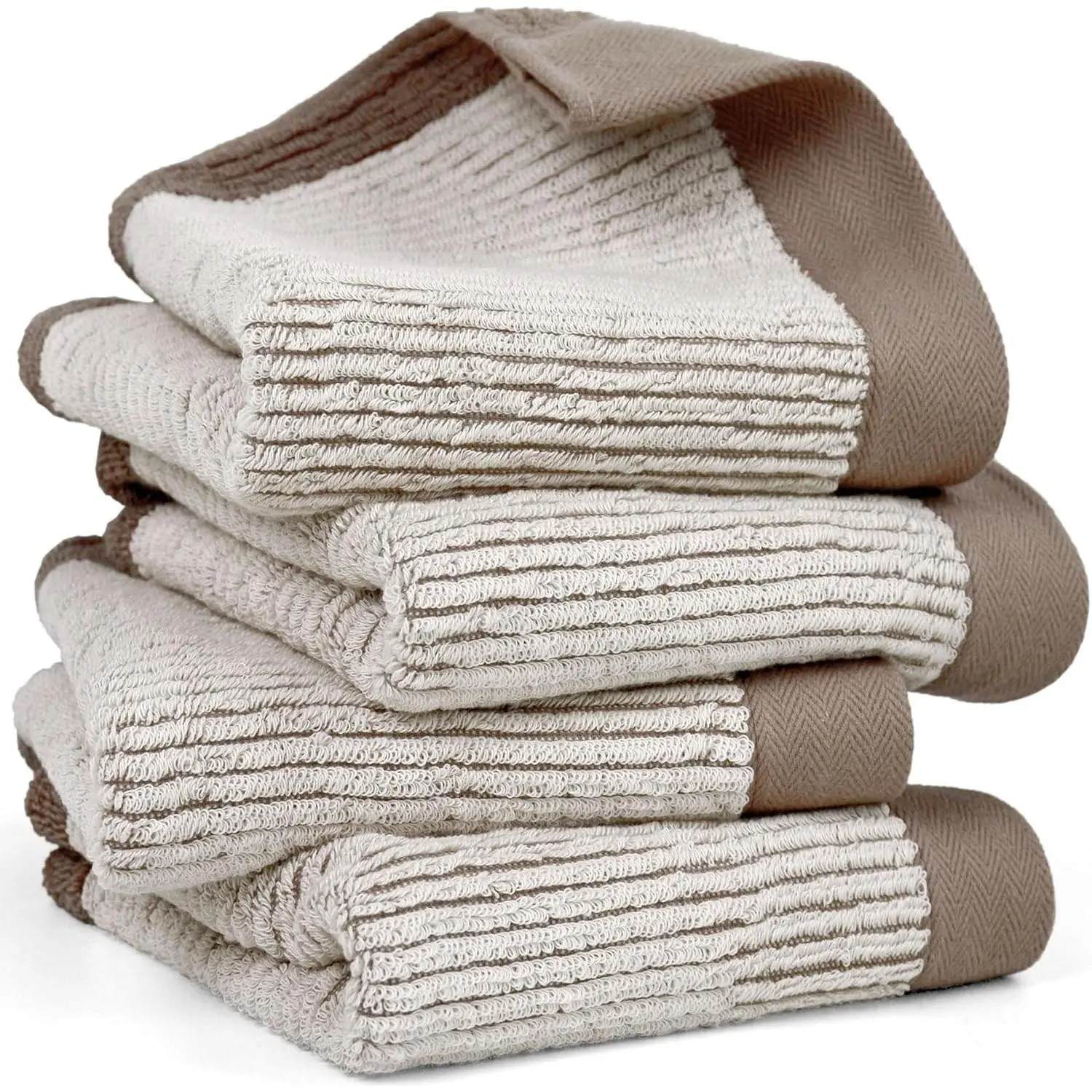 Cotton Jacquard Weave Bath Hand Towels Set of 4, Light Brown Absorbent Towels, 28" x 13.7" - Textured Line for Modern HomeGift