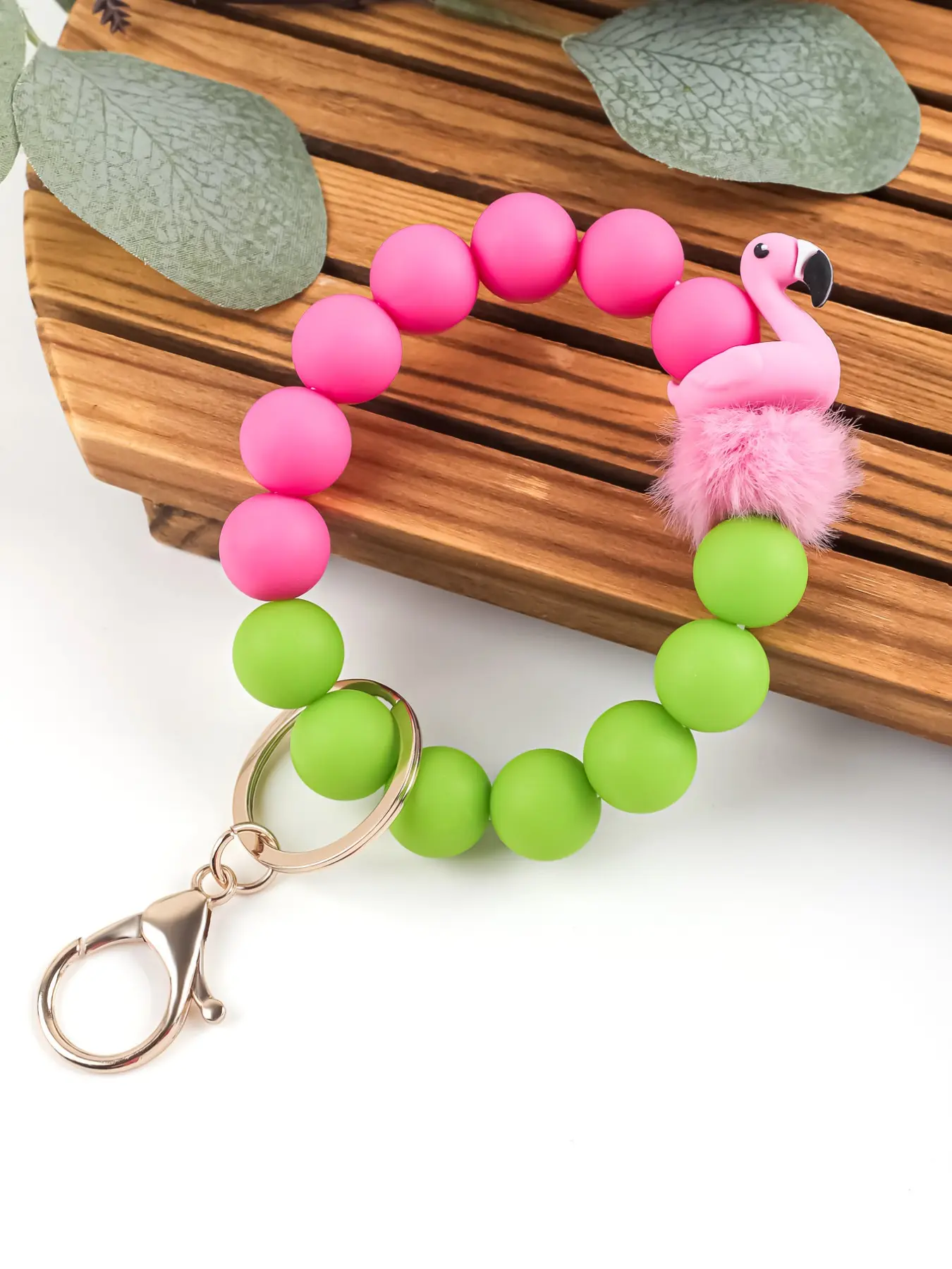 Daisy Silicone Beaded Wristlet Keychain, Leopard Print Bead Key Ring with Tassel, Elastic Wristband Anti-Lost Key Holder for Women