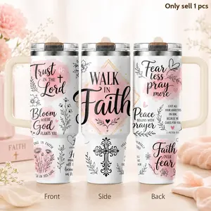 Jesus Floral Faith 40oz Insulated Tumbler – Christian Religious Stainless Steel Travel Mug with Handle & Straw Lid for Coffee, Water, Church, Office, Gym, Car, Inspirational Gift for Women