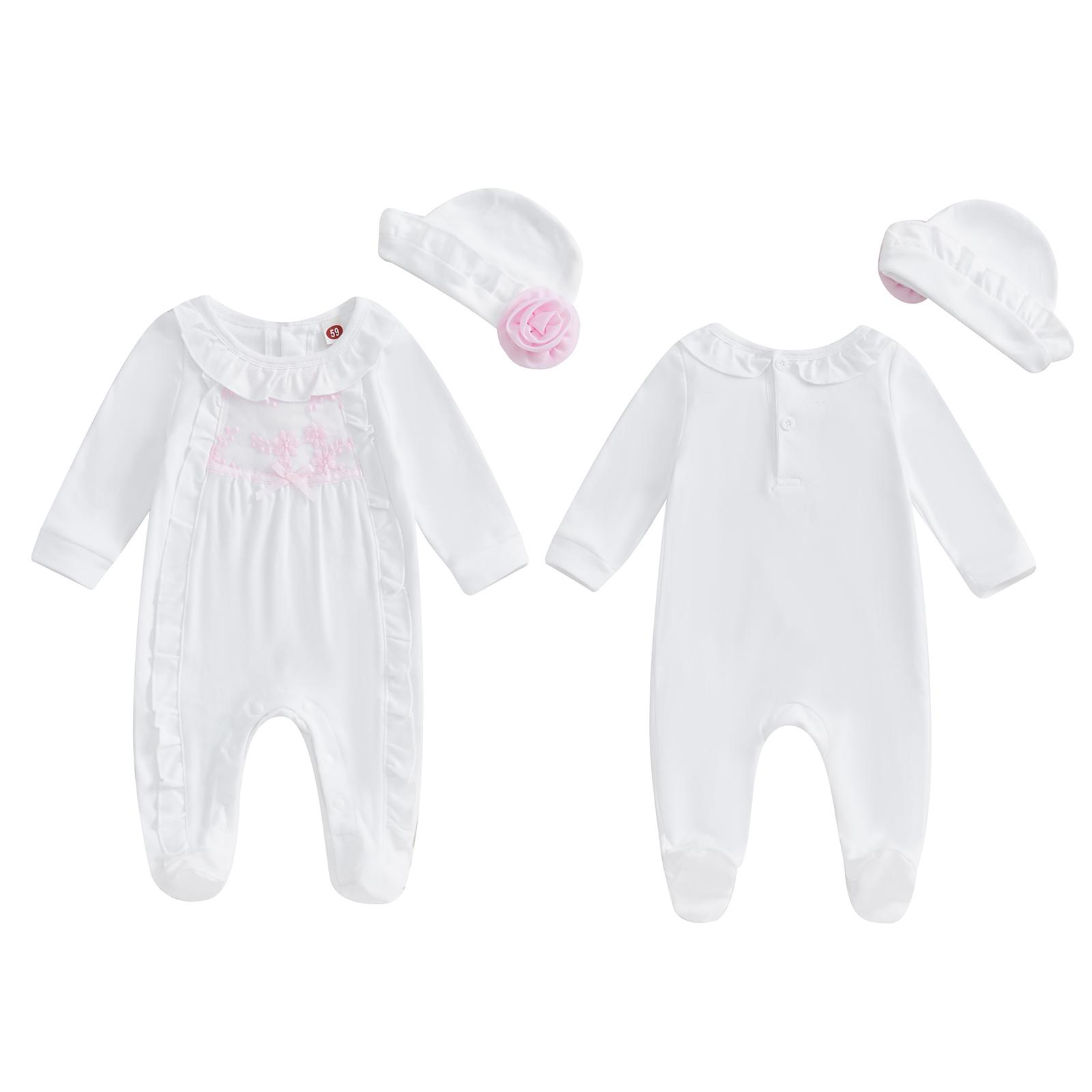 Infant Baby Girl Ruffled Cotton Footies Footed Overall Romper with Hat Toddler Baby Footed Jumpsuit