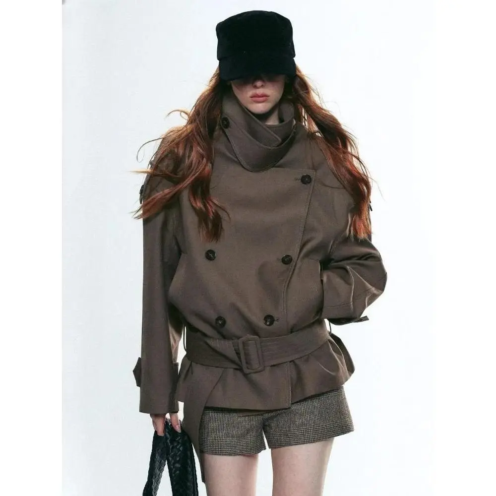 French Vintage Turtleneck Overcoats Women Trench Coats 2000s American Retro Tops Outwear Long Sleeve Slim Warm Jackets Chic