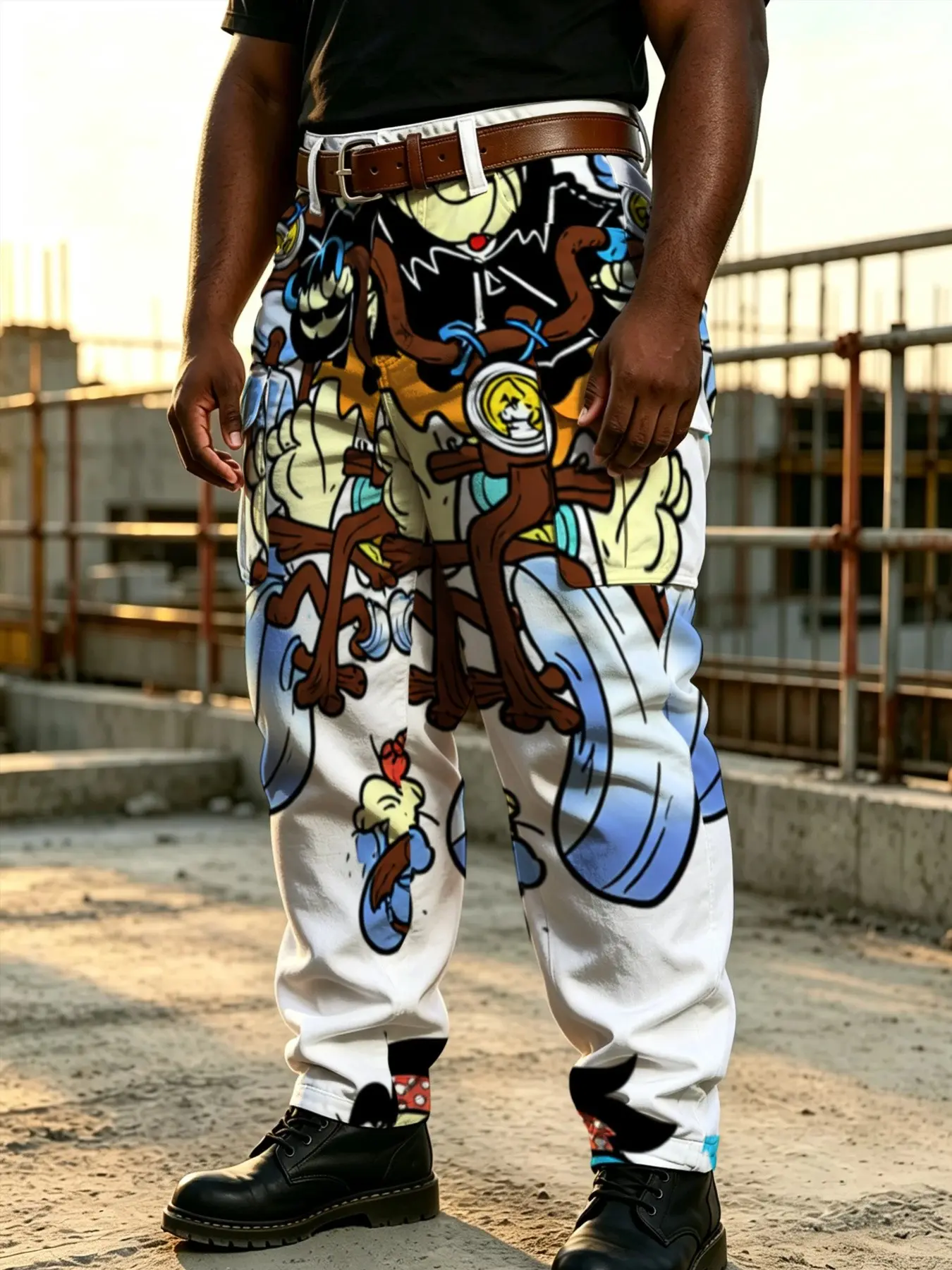 Plus-Size Men's American Cartoon Motorcycle Graffiti Cargo Pants, White, Printed with Multiple Pockets, Trendy Hip-Hop Casual Long Pants