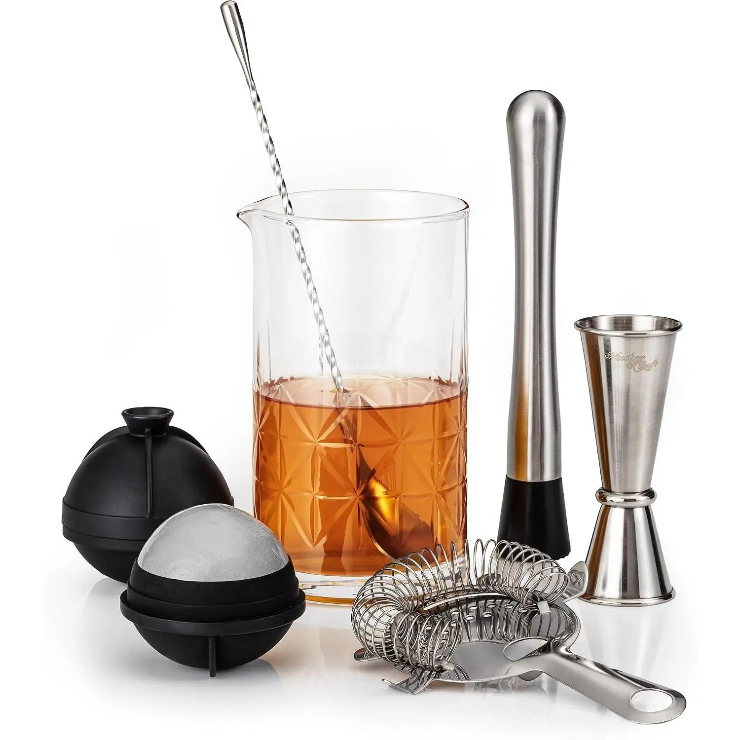 7-Piece Bartender Kit with Mixing Glass Set, Japanese Jigger, Spoon, Muddler, Strainer - Perfect for Old Fashioned Cocktails and Home Bars