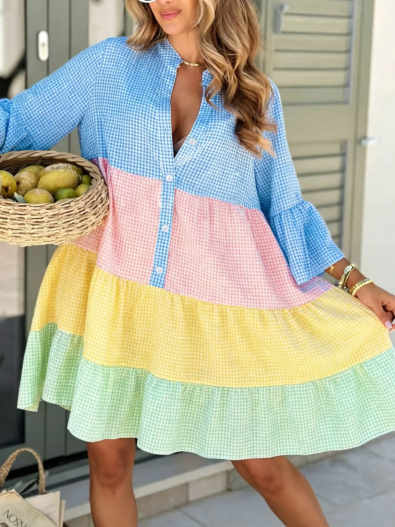 2026 Summer Autumn New Colorblock Plaid Patchwork Shirt Dress, Loose Bell Sleeve Cake Skirt, Casual Vacation Daily Wear Short Dress