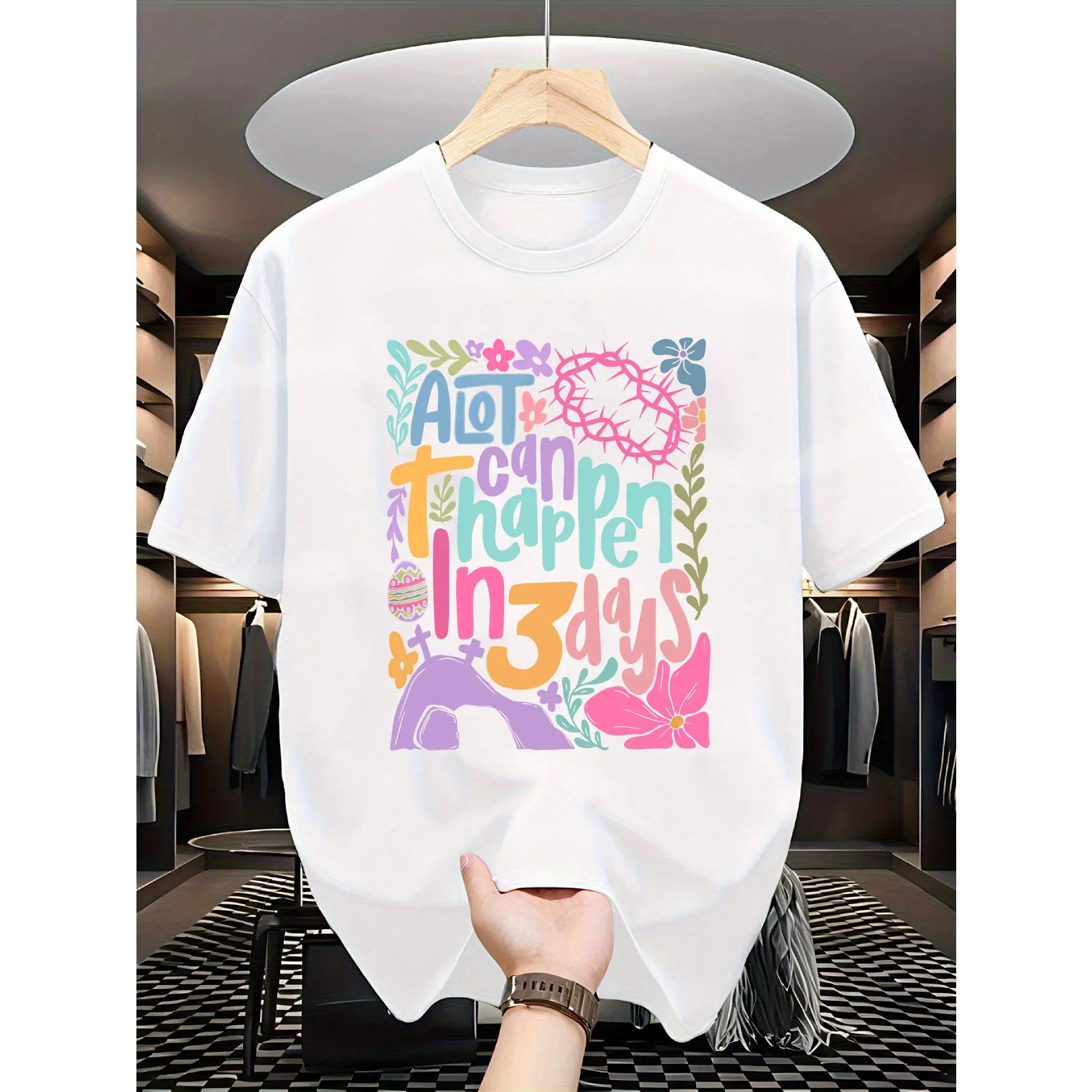 Unisex He is Risen Christian Easter Sports Top - Crew Neck, Full Print, Soft Cotton, 3-Day Quote, Bohemian Cross Resurrection Design, S-XXXL, Multicolor, Machine Washable Religious Apparel for Church Events, Easter Celebrations
