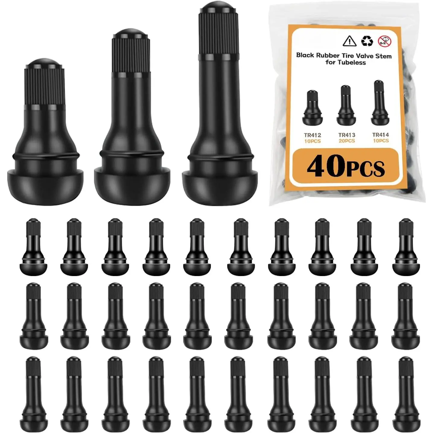 40PCS Tire Valve Stems TR412-414 Tubeless Valve Stem Rubber Snap Valve Stem Black Standard Length Replacement for Tubeless Rim Holes for Automotive Tires for Standard Vehicle Tires DD008-40,wrench,set,