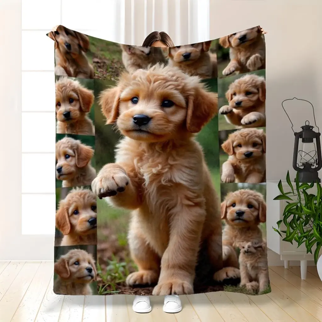 Cozy Goldendoodle Puppy Print Blanket |   Soft Flannel Fleece Throw With Adorable Dog Design, 280Gsm Warm Bedspread For Couch, Bed, Sofa - Perfect Gift For Dog Lovers, Machine Washable, Polyester